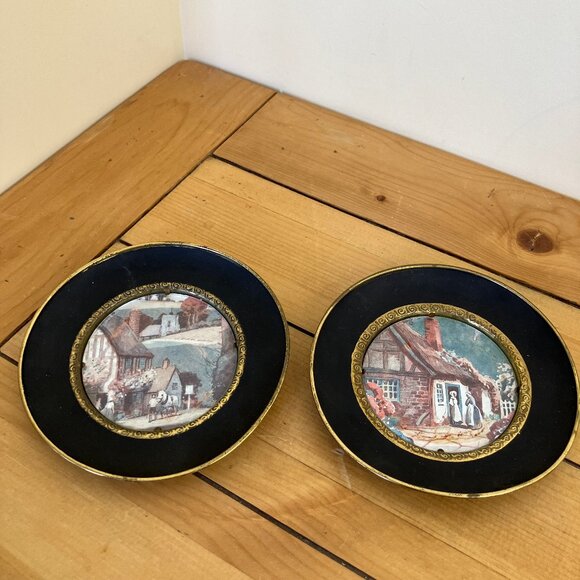 Brass Foil Art Decorative Plate Vintage Set Made in England Thatched Cottage - Picture 1 of 11